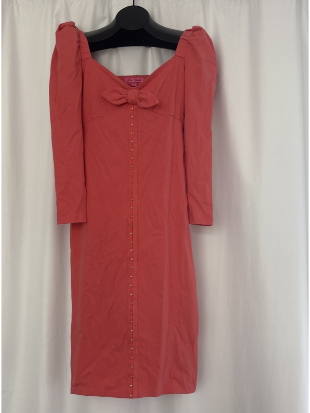 NWT BETSY JOHNSON Sz M Coral Dress Hook & Loop Cotton Puff Sleeve Bow Stretch